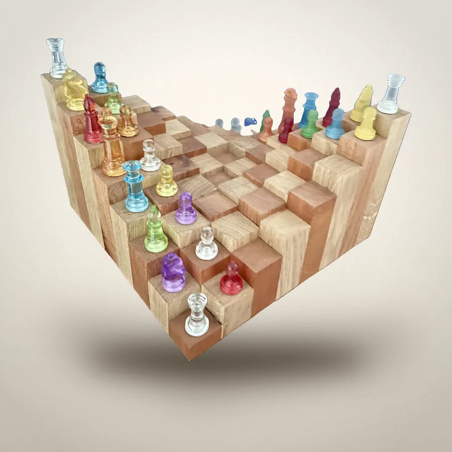 Jeu d'échecs étagé n°2, Bois, pièces en verre · 32 × 32 cm